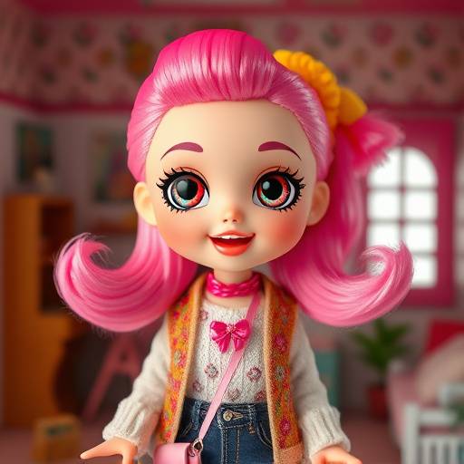 A cheerful doll with bright pink hair and stylish clothes sitting in a miniature dollhouse filled with furniture