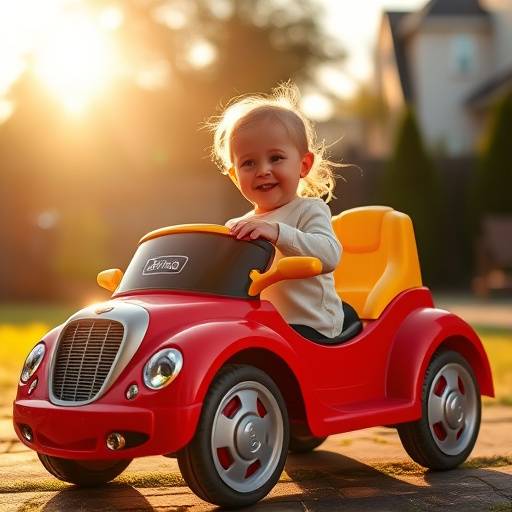 A child happily playing with a bright red and yellow ride-on toy car in a sunny backyard setting