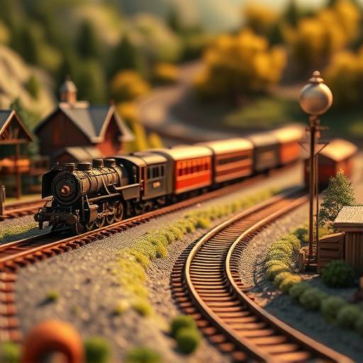 A model train set with locomotives, carriages, and tracks laid out on a miniature landscape, providing hours of entertainment and imaginative play