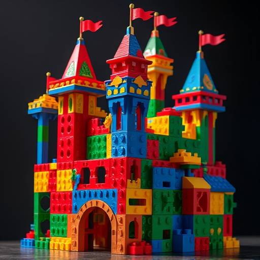 A set of interlocking building blocks in various shapes and sizes, forming a towering castle structure