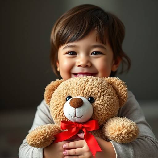 A smiling child holding a soft and cuddly plush teddy bear with a red ribbon around its neck