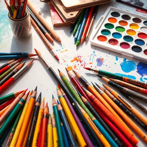 A variety of colorful art supplies, including crayons, paintbrushes, and watercolor paints, spread out on a table, ready for a creative session